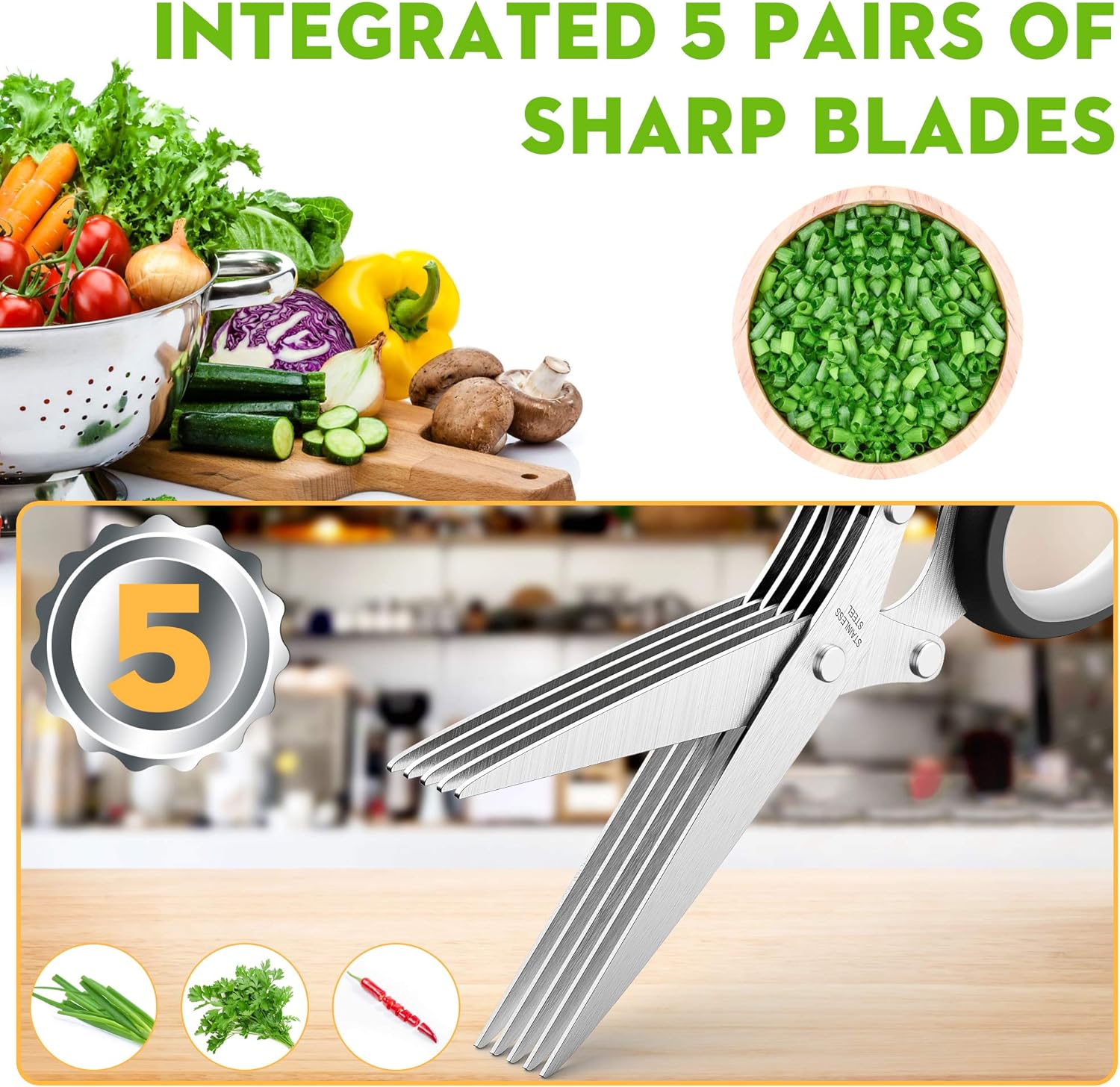 Herb Scissors with 5 Blades and Cover, Kitchen Herb Cutter with Cleaning Comb, Stainless Steel Multi Blade Herb