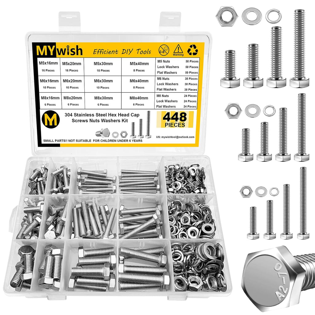 448PCS M5 M6 M8 Screw Set, Metric Bolt Assortment, 304 Stainless Steel, Nuts and Bolts Set Flat & Spring Washers, Hex