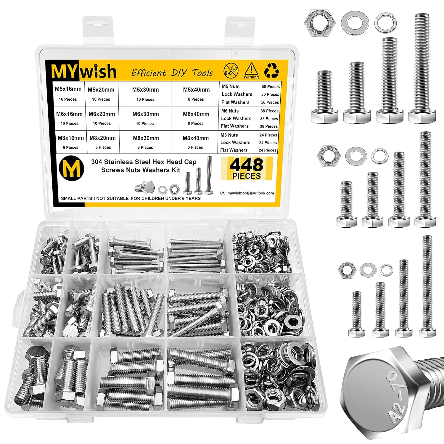 448PCS M5 M6 M8 Screw Set, Metric Bolt Assortment, 304 Stainless Steel, Nuts and Bolts Set Flat & Spring Washers, Hex