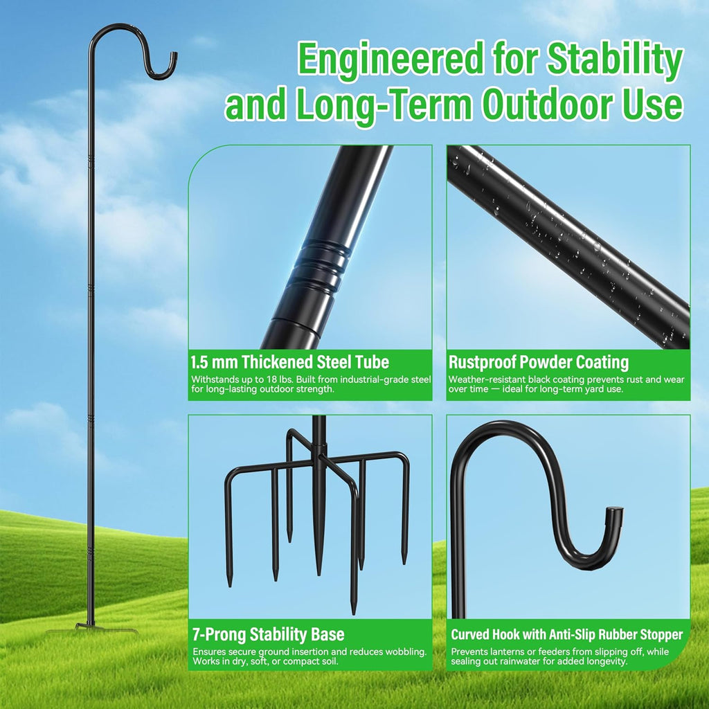 76" Adjustable Shepherd Hook for Outdoor, Heavy Duty Metal Bird Feeder Pole with 7-Prong Base, Garden Hook for
