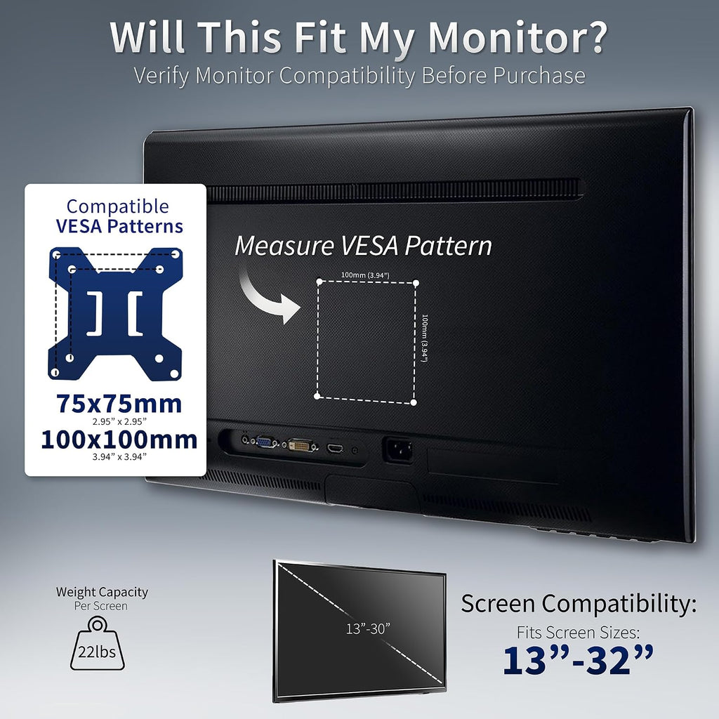 Freestanding Dual Monitor Stand with Sleek Glass Base and Adjustable Arms, Mounts 2 Screens up to 32 inch and 22 lbs