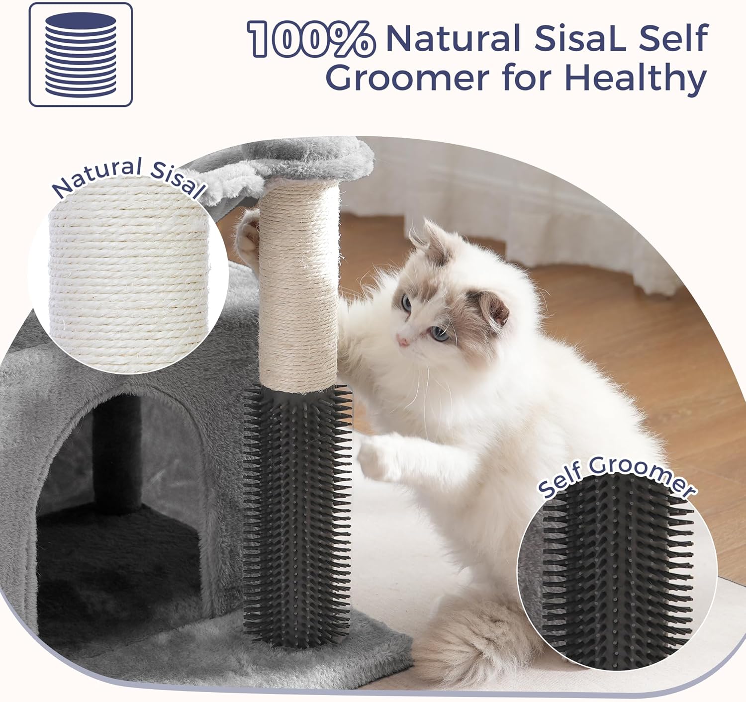 Cat Tree 32 Inches Small Cat Tower with Large Hammock Dia 15.7”,Self Groomer, Fully Scratching Post, Removable Top