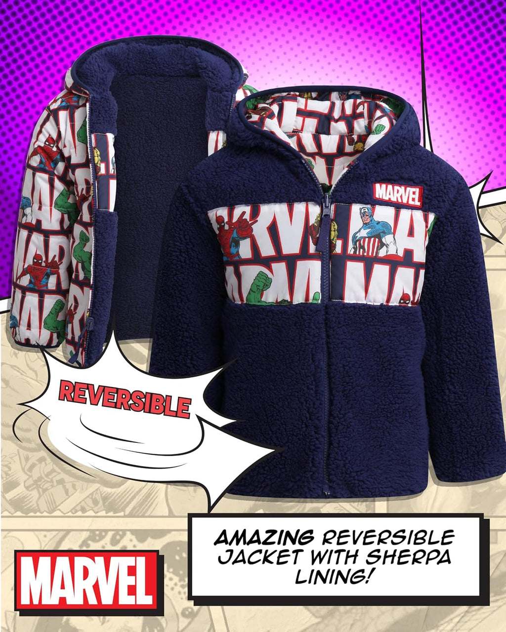 Spider-Man Boys Reversible Puffer Jacket Sherpa Fleece Lined Coat | Officially Licensed, Warm Cozy Two Sided Design