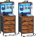 Night Stand Set 2, 38" Tall Bedside Table with Charging Station | RGB LED Lights, Storage Wood Shelves & 4 Fabric