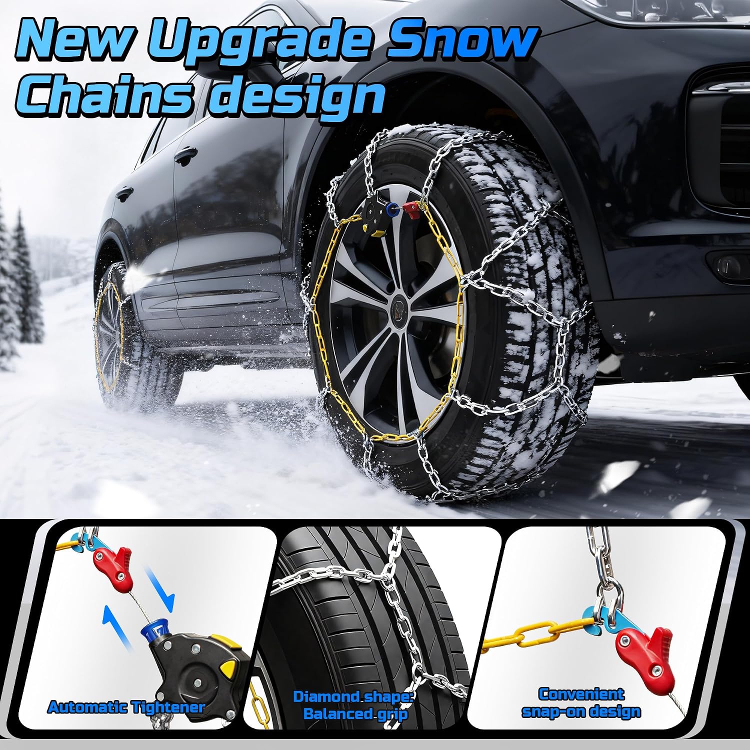 Auto Tightening Snow Chains Tire Chains Quick Easy Installation HKN120 Set of 2 for Cars SUV Pickup Trucks RV 215 225