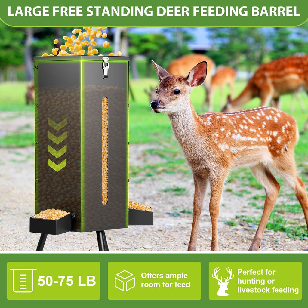 3 Patio 50-75 Lbs Large Deer Feeder with Visible Window Heavy Duty Metal Free Standing Deer Feeding Barrel Hunting