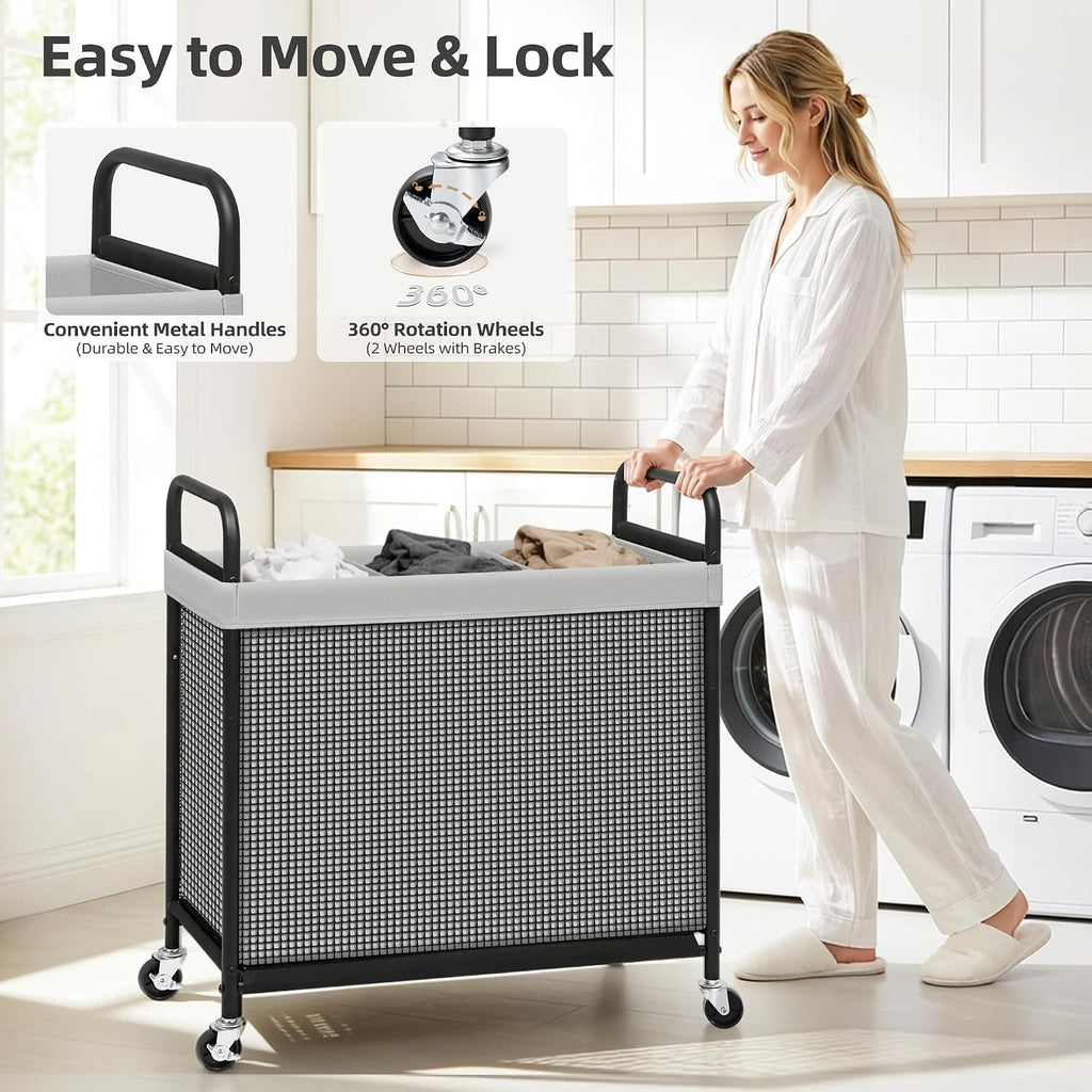 Rolling Laundry Hamper with Wheels 3-Section Laundry Sorter Rolling Laundrys Basket on Wheels with Removable Bag