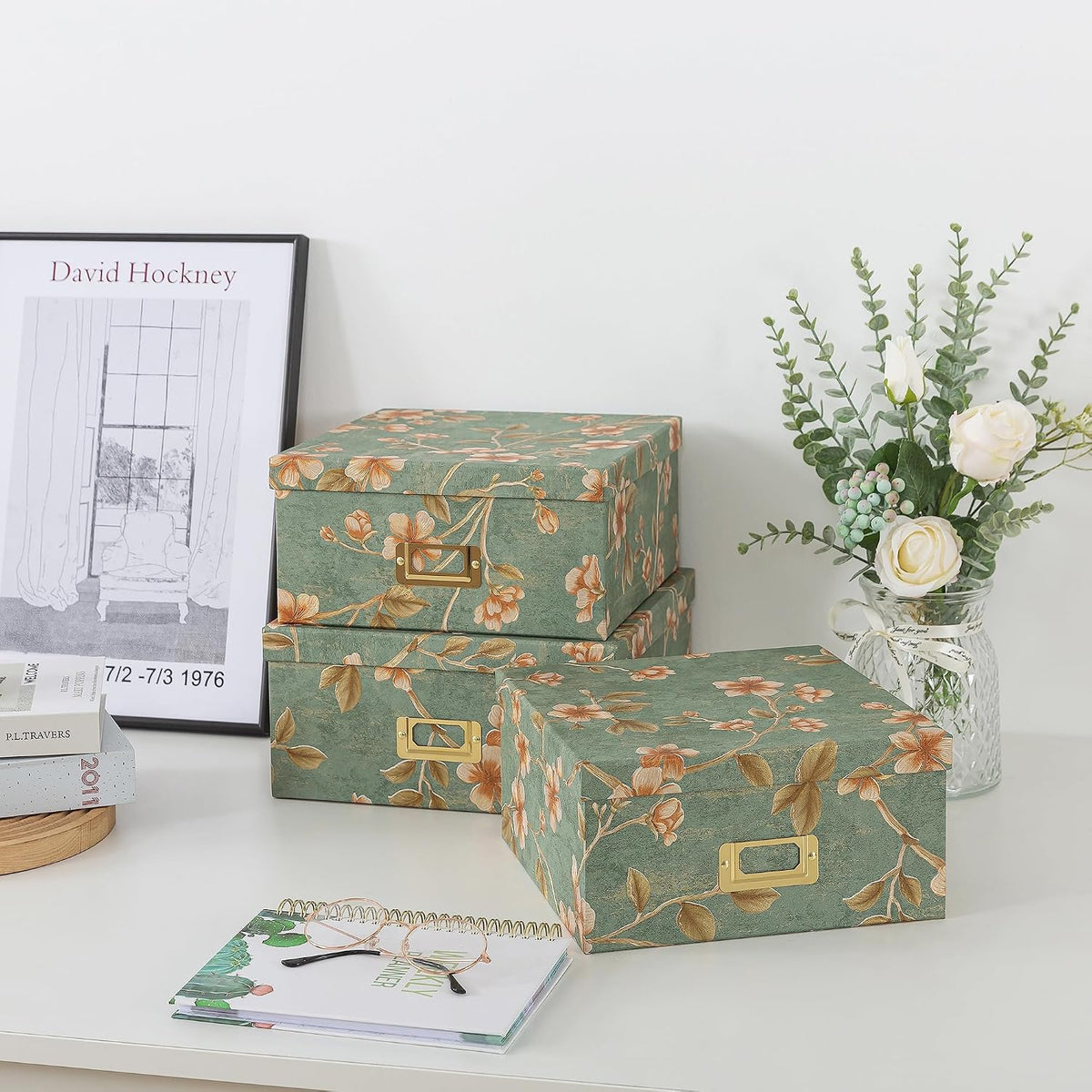 Decorative Storage Boxes with Lids, Set of 3, Botanical Sage