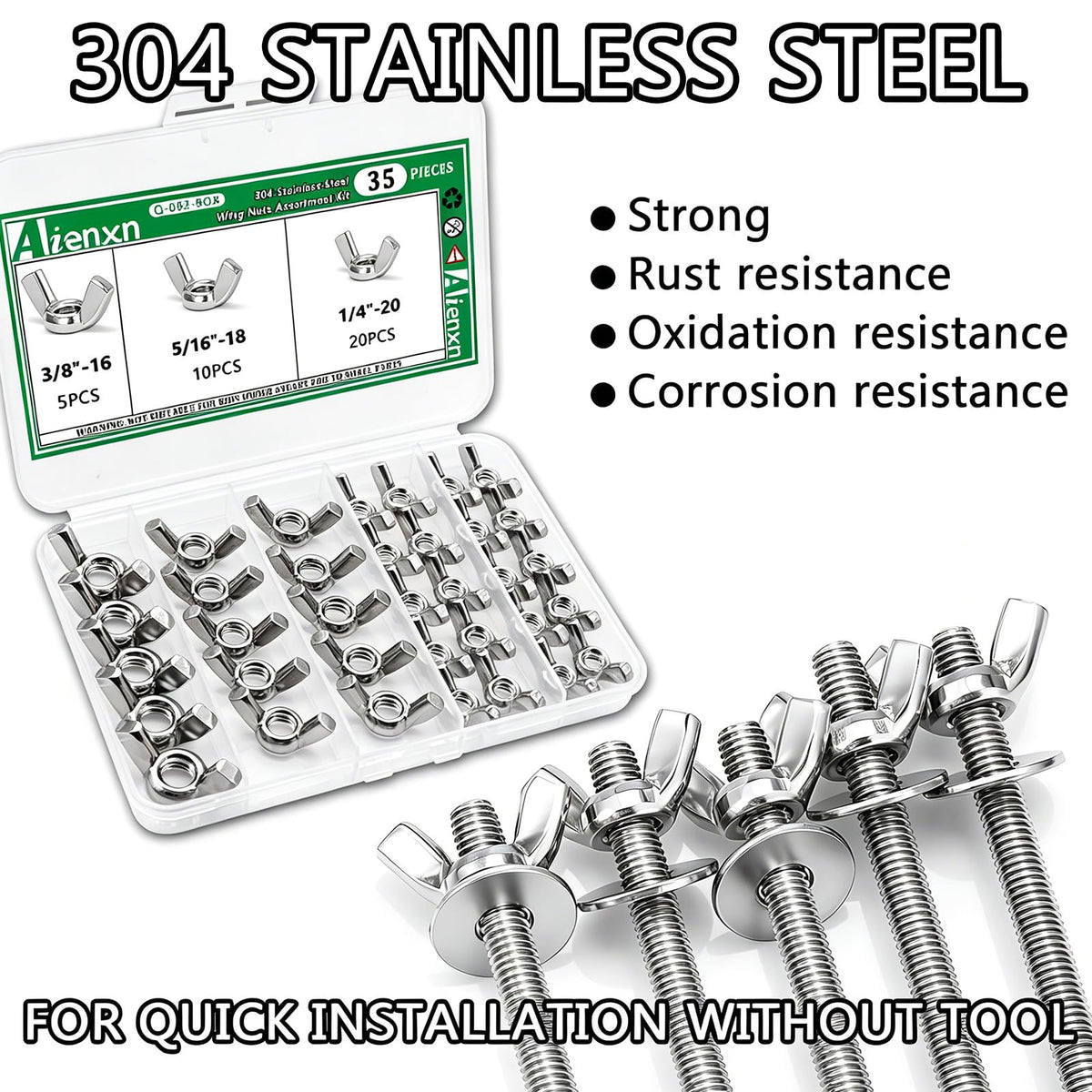 35PCS SAE Sizes Wing Nuts Assortment, 304 SS