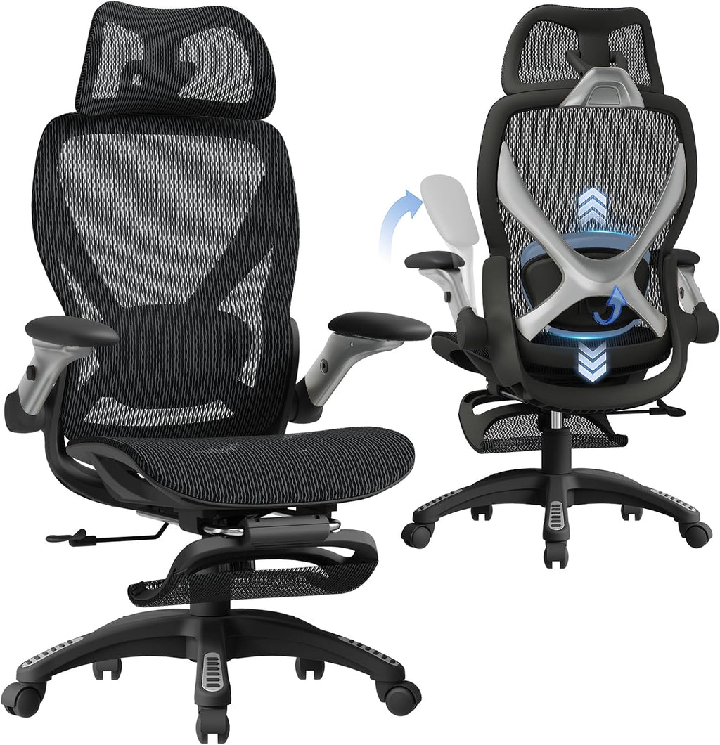 X100 Ergonomic Mesh Office Chair with Footrest, Big and Tall Hone Desk Chair with 5D Flip-Up Arms, Adjustable 3D