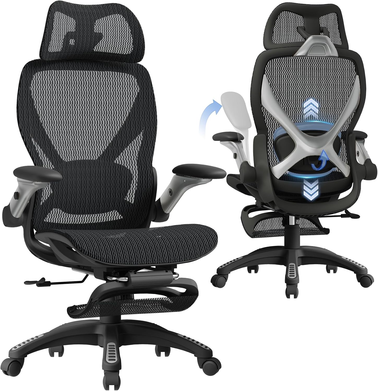 X100 Ergonomic Mesh Office Chair with Footrest, Big and Tall Hone Desk Chair with 5D Flip-Up Arms, Adjustable 3D