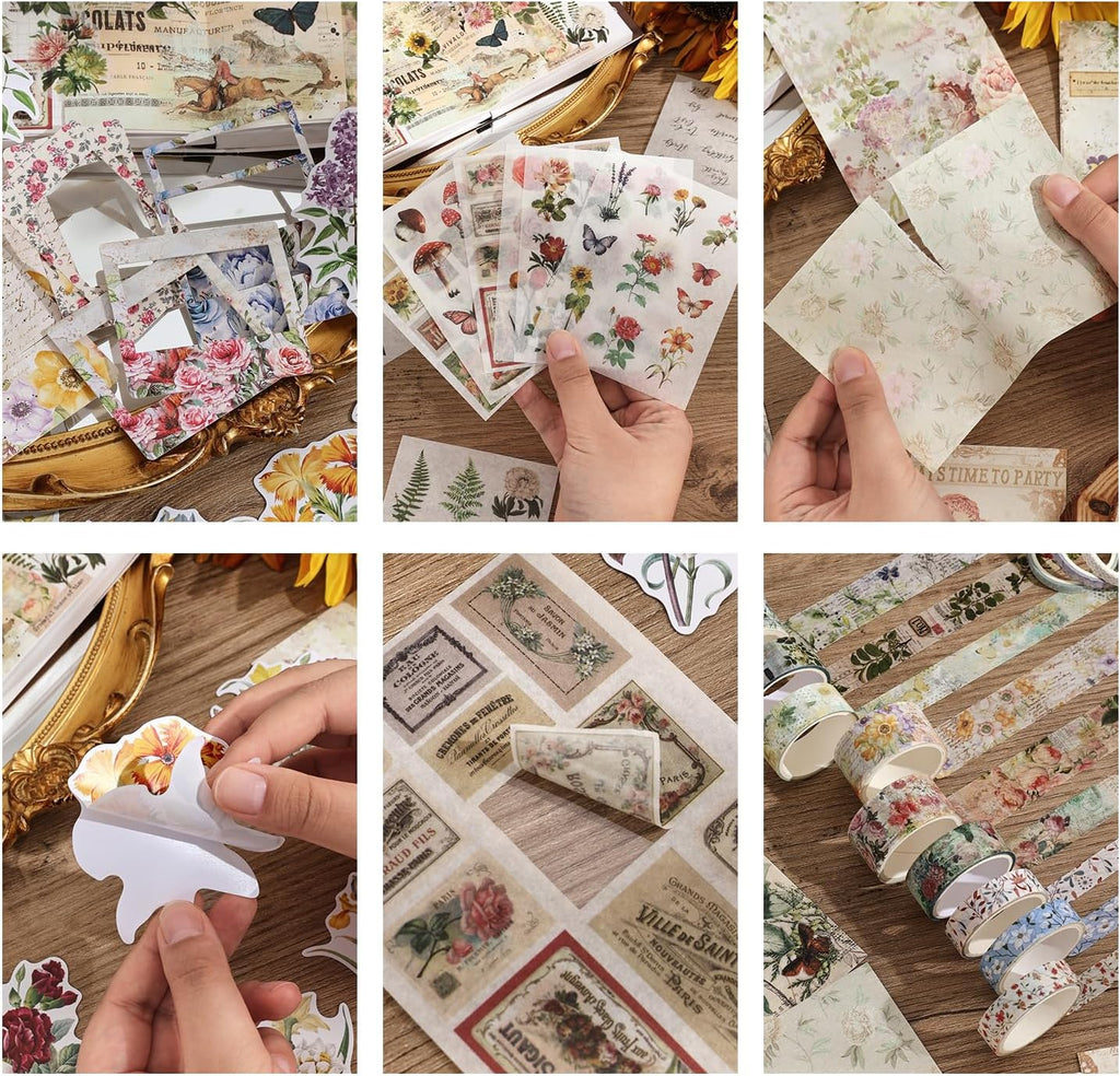 Vintage Botanical Scrapbooking Supplies Kit, Aesthetic Flower Scrapbook Kit for Bullet Junk Journal, 12 Rolls Washi