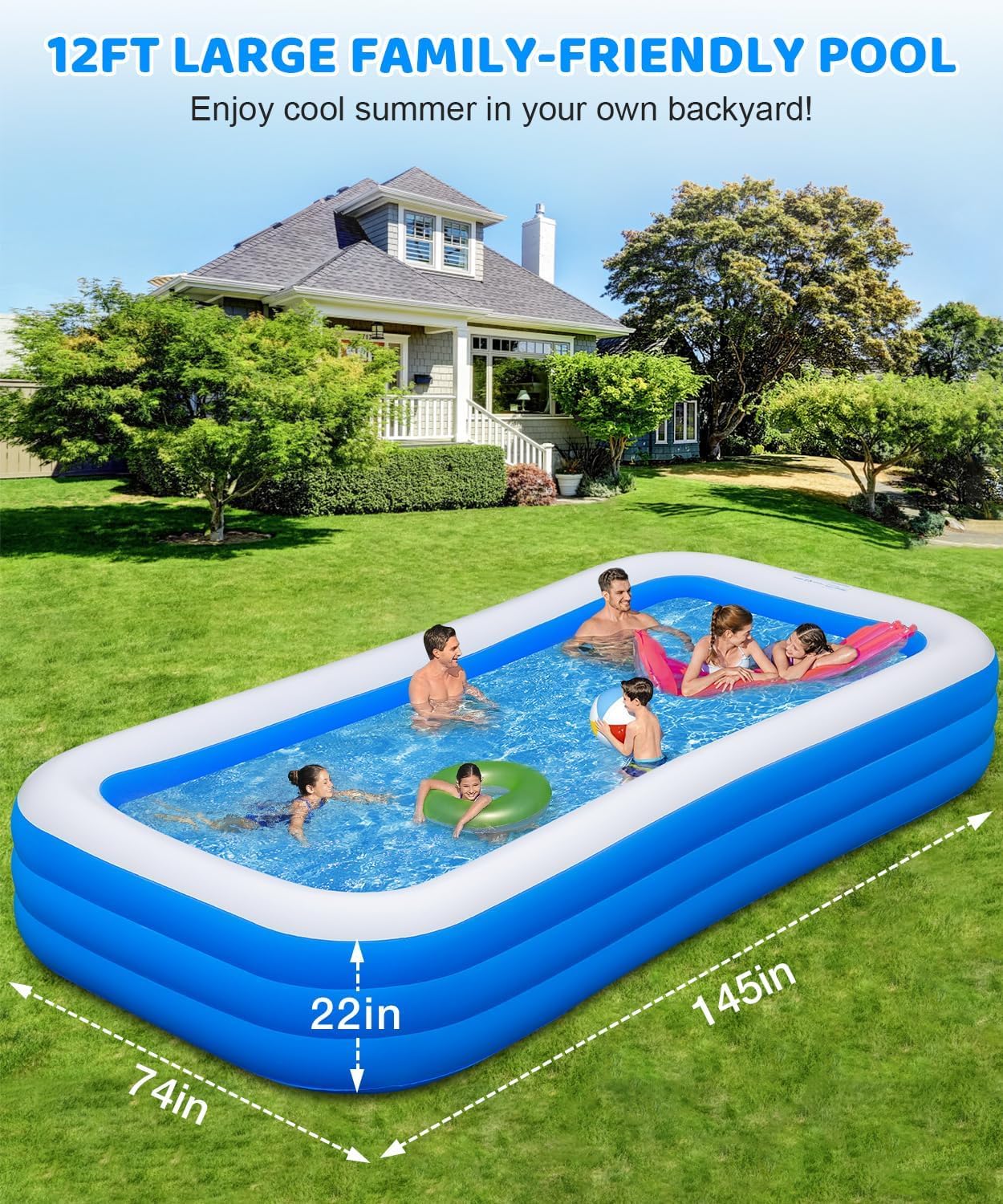 Extra Large Inflatable Swimming Pool - 145" X 74" X 22" Oversized Thickened Blow Up Pool for Kids and Adult, Kiddie