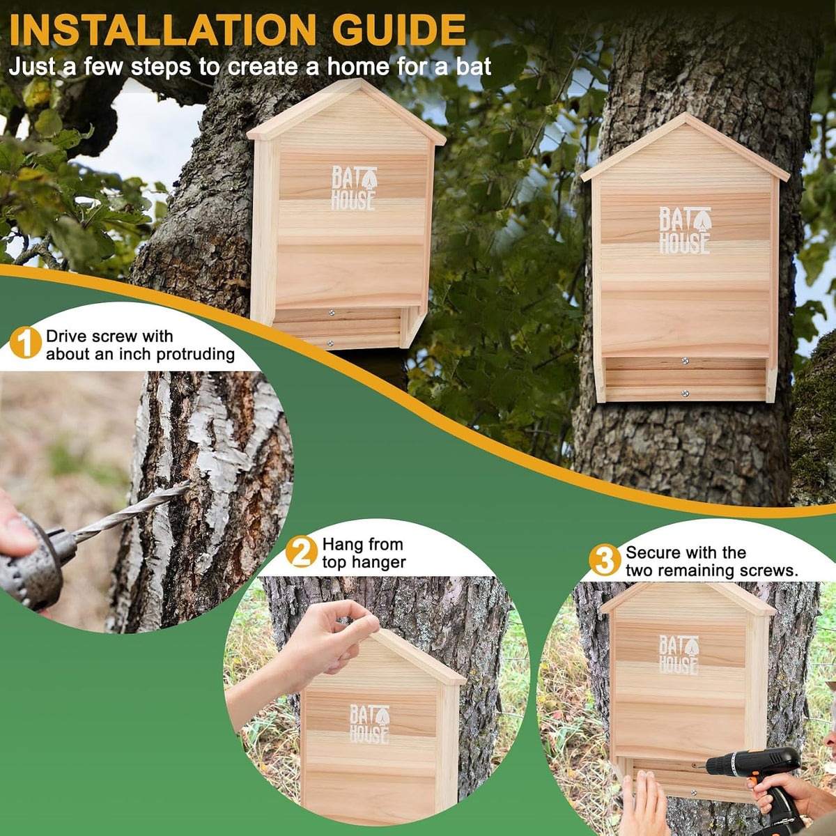Bat Houses for Outdoors - 15" Big Bat Box 2 Chamber Cedar Wood Bat Houses for Outside & Tree - Perfectly Designed to