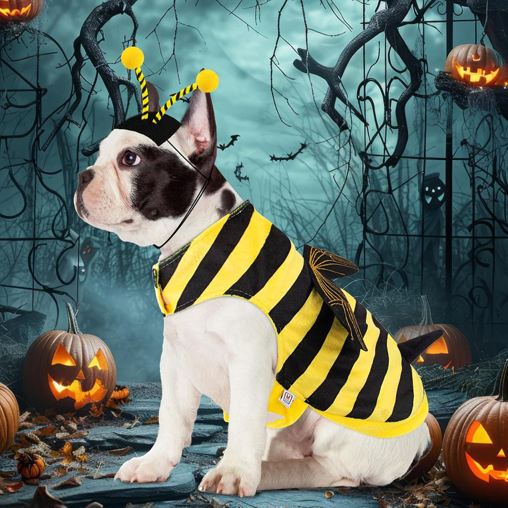 Bee Dog Costume Halloween Dog Costumes for Small Medium Dogs Cats, Bumblebee Pet Outfit with Antenna Hat Funny Pet
