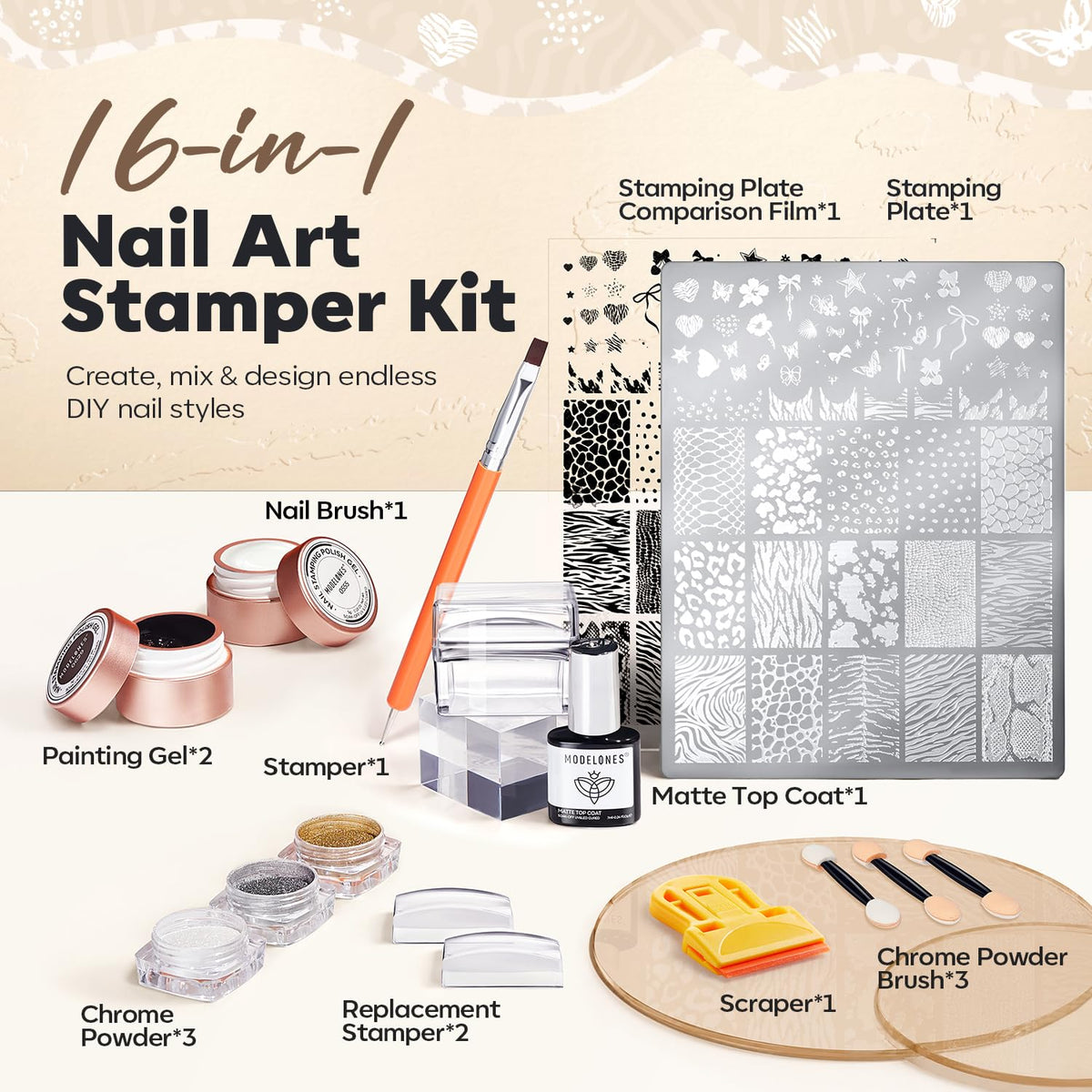 16Pcs Fall Nail Stamping Kit French Stamper Animal Print Plate