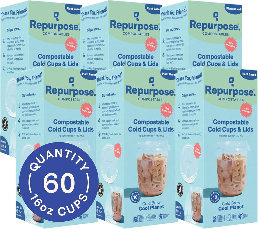 Repurpose 16 oz Compostable Cups with Secure-Fit Lids, 60 Pack - Plant-Based, Lightweight & Durable, BPA Free, No