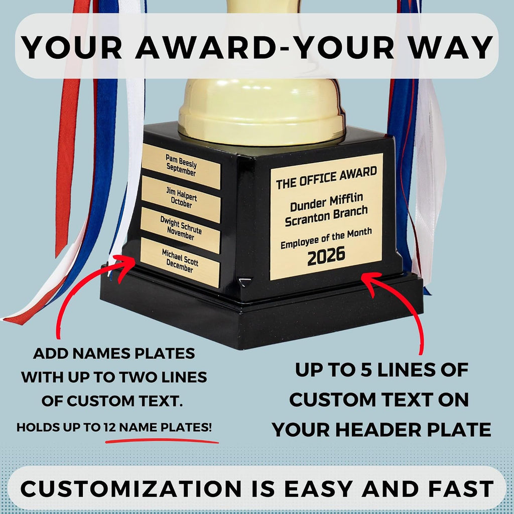 Large Gold Metal Trophy Cup, with Custom Engraved Name Plates, Traveling Perpetual Corporate Award, 15.75 Inch Tall
