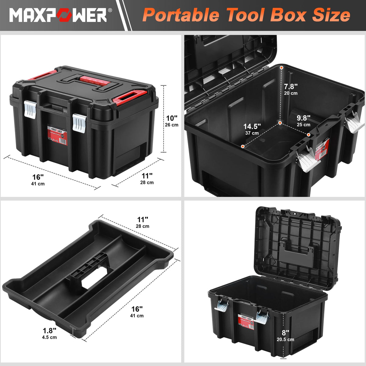 16-inch Stackable Tool Box, 10" H, Metal Latches, Removable Tray
