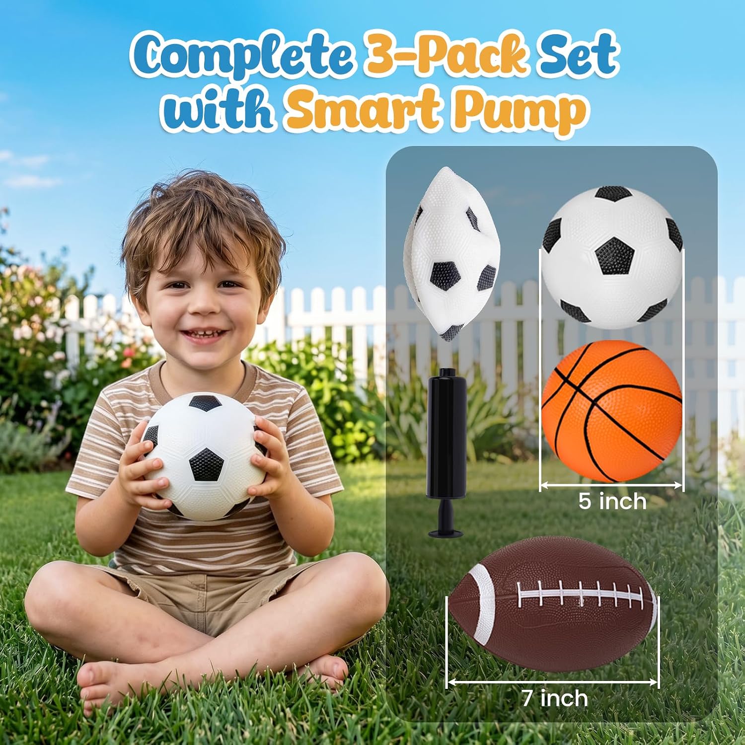 3-Pack Sports Balls, 5-Inch Soccer Ball, Basketball & 7 Inches Footballs for Toddlers 1-3, Adults, Party Favors for