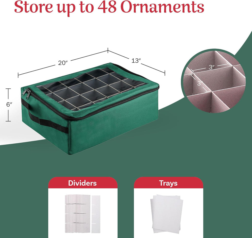 Ornament Storage Box - Zippered Organizer with 48 Individual Compartments and Dividers for Christmas Bulbs and