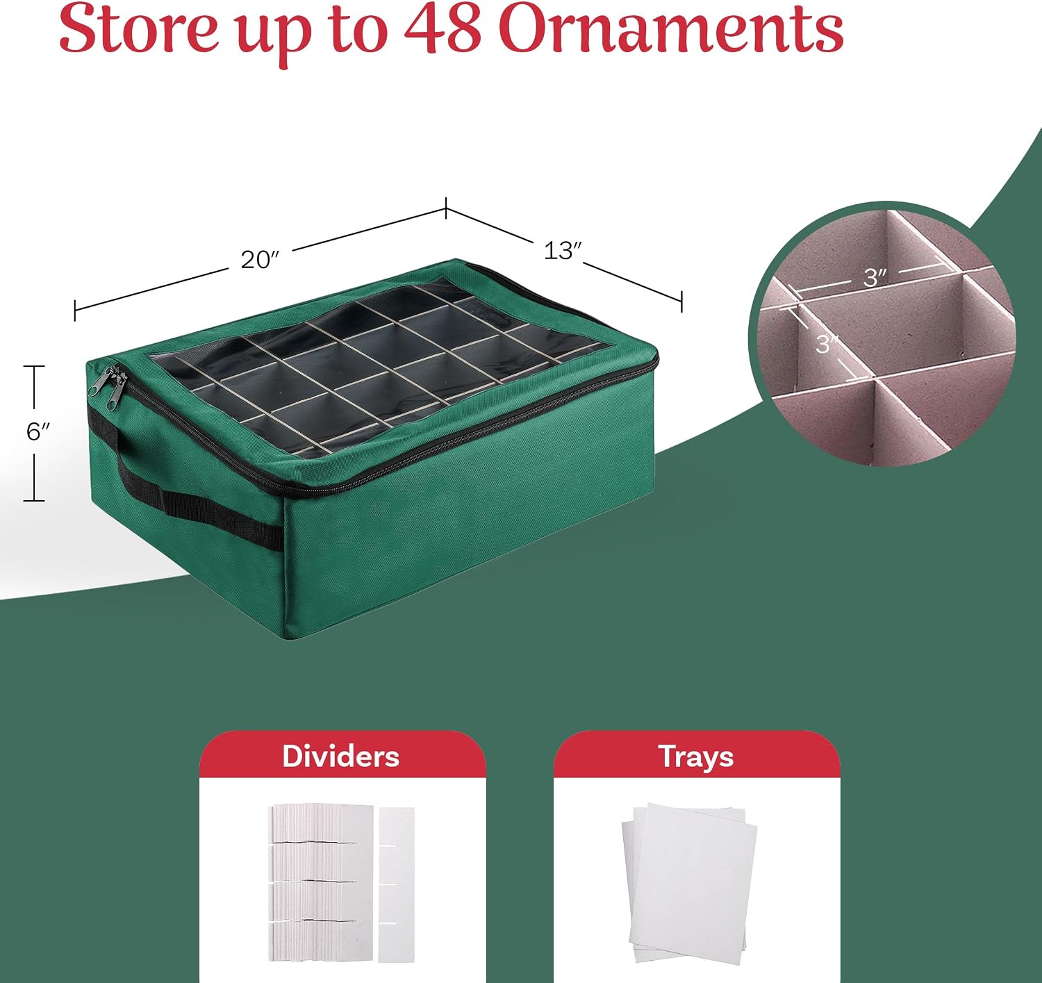 Ornament Storage Box - Zippered Organizer with 48 Individual Compartments and Dividers for Christmas Bulbs and