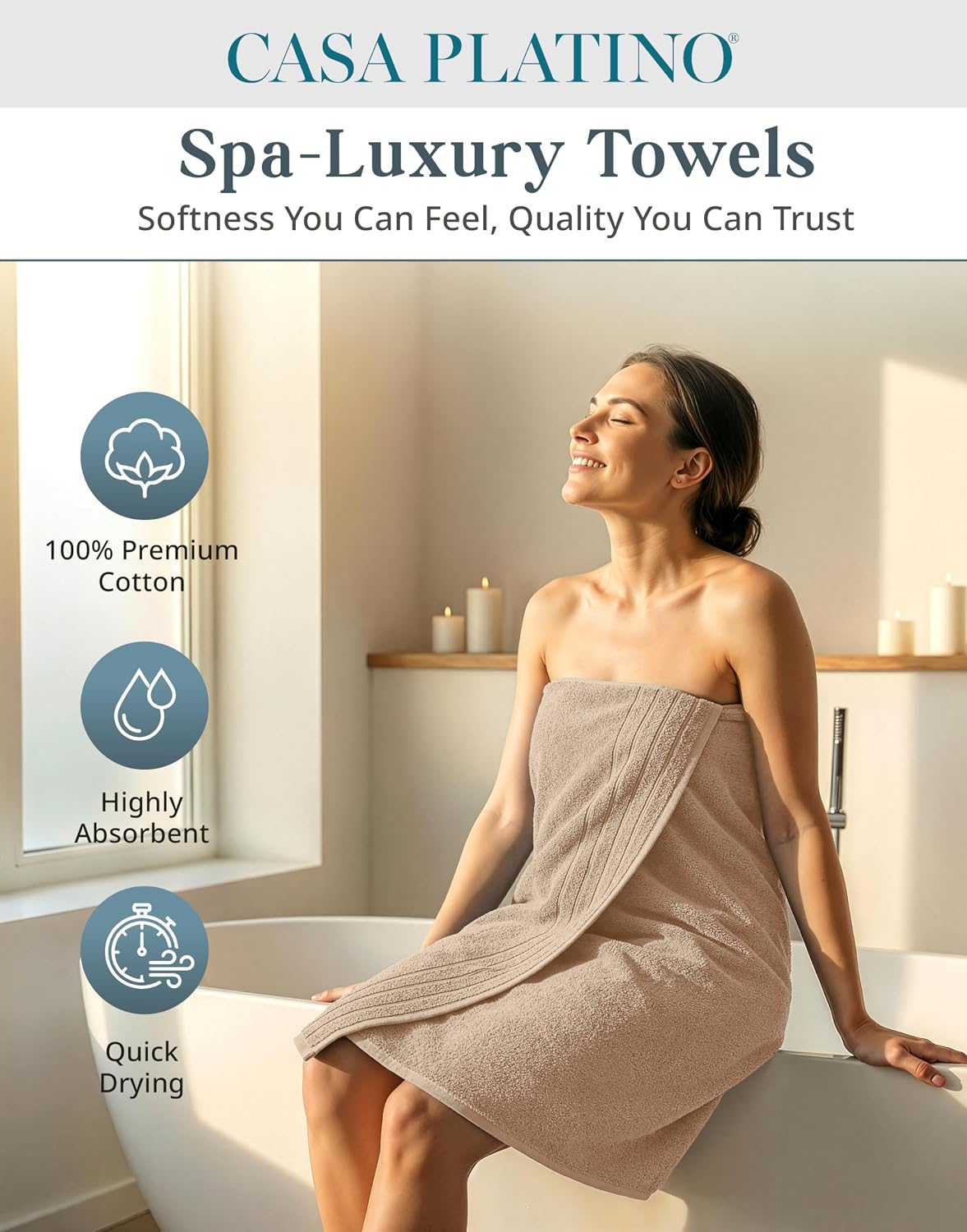 Bath Towel Set 100% Cotton 8 Piece Soft Absorbent - Beige | Shower Towels - Generously Sized, Oversized & Roomy