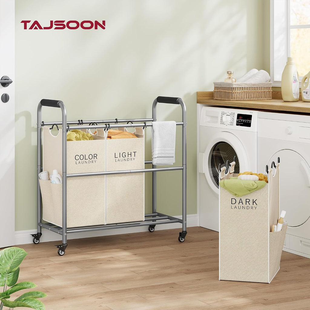 3 Bag Laundry Sorter Cart with Removable Bags, Beige | 147L Large Capacity, Heavy Duty Lockable Rolling Wheels
