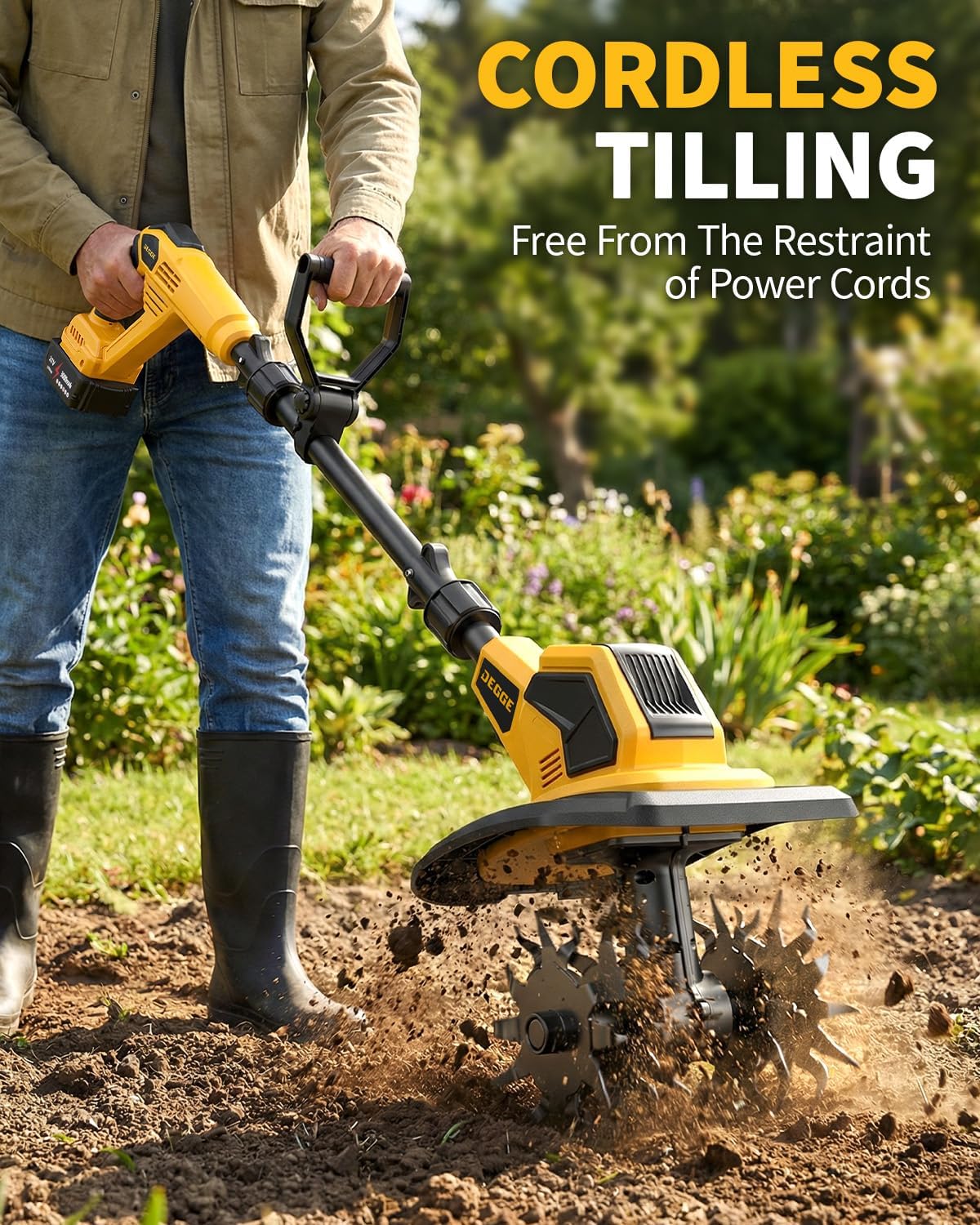 Tiller, Cordless Tiller Cultivator with 48 Steel Tines, 9 inch Tilling Width and 6.7 inch Depth, 2 x 3.0Ah 21V