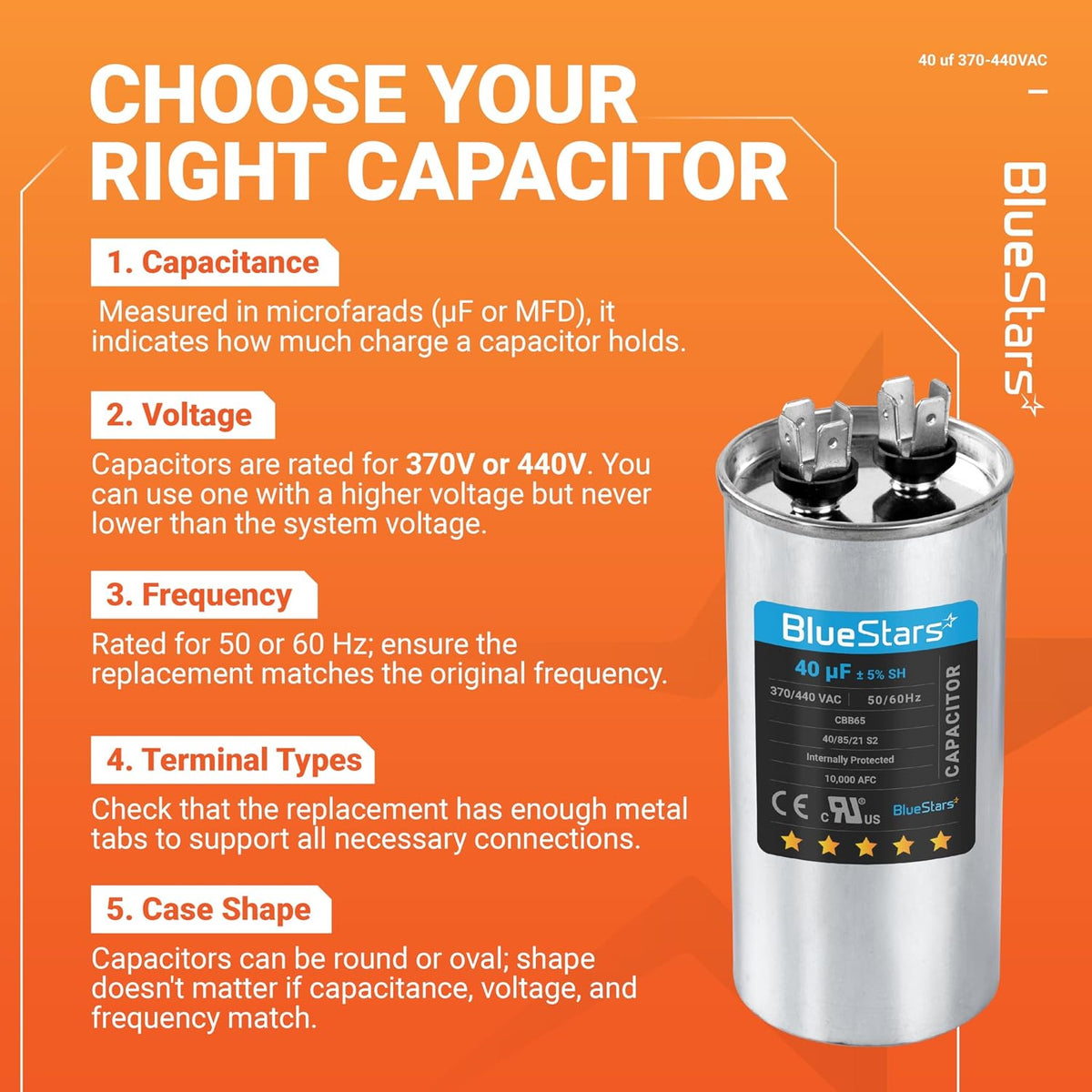 [2026 Upgraded] BlueStars 40uf 370-440VAC Capacitor