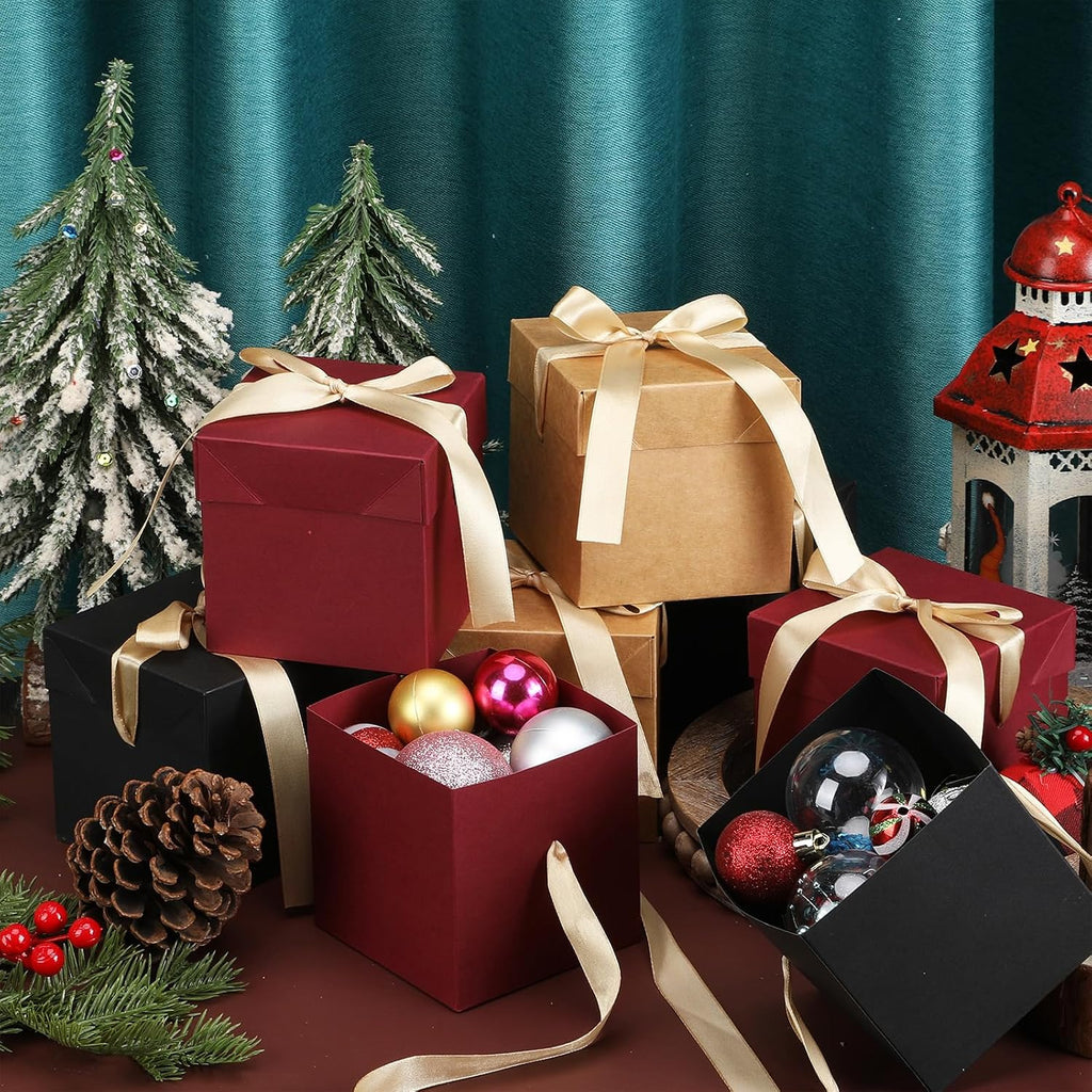 30 Pcs Small Gift Boxes with Lids 4 Inch Squared Christmas Gift Boxes with Gold Ribbon Packaging Red Brown Black