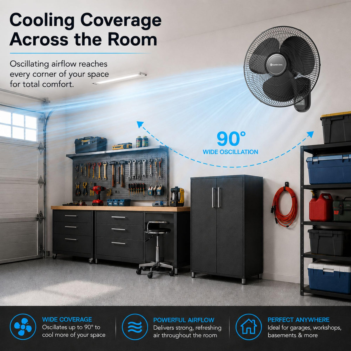 16" Oscillating Wall Mount Fan with Remote & Timer - Black