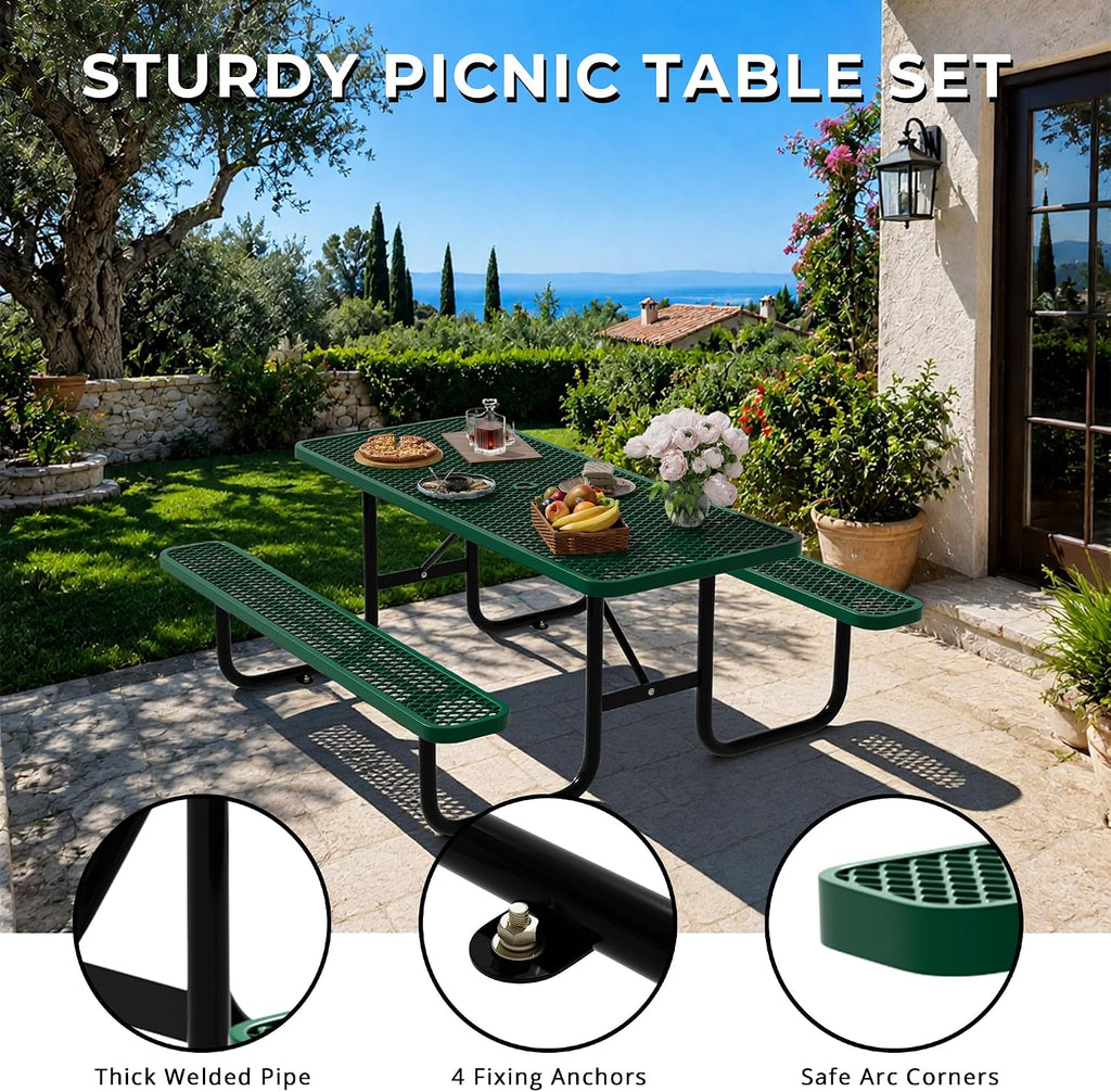 6FT Rectangular Steel Outdoor Picnic Table, Commercial Picnic Table Bench Set with Umbrella Hole, Weather-Resistant
