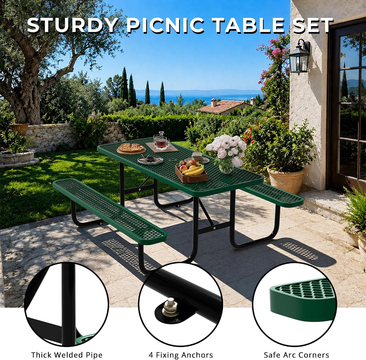 6FT Rectangular Steel Outdoor Picnic Table, Commercial Picnic Table Bench Set with Umbrella Hole, Weather-Resistant