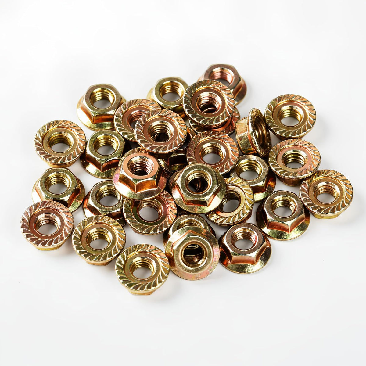 M10-1.5mm Anti-Loosening Serrated Hex Flange Lock Nuts (Yellow Zinc Plated, Full Thread) - 20 Pcs