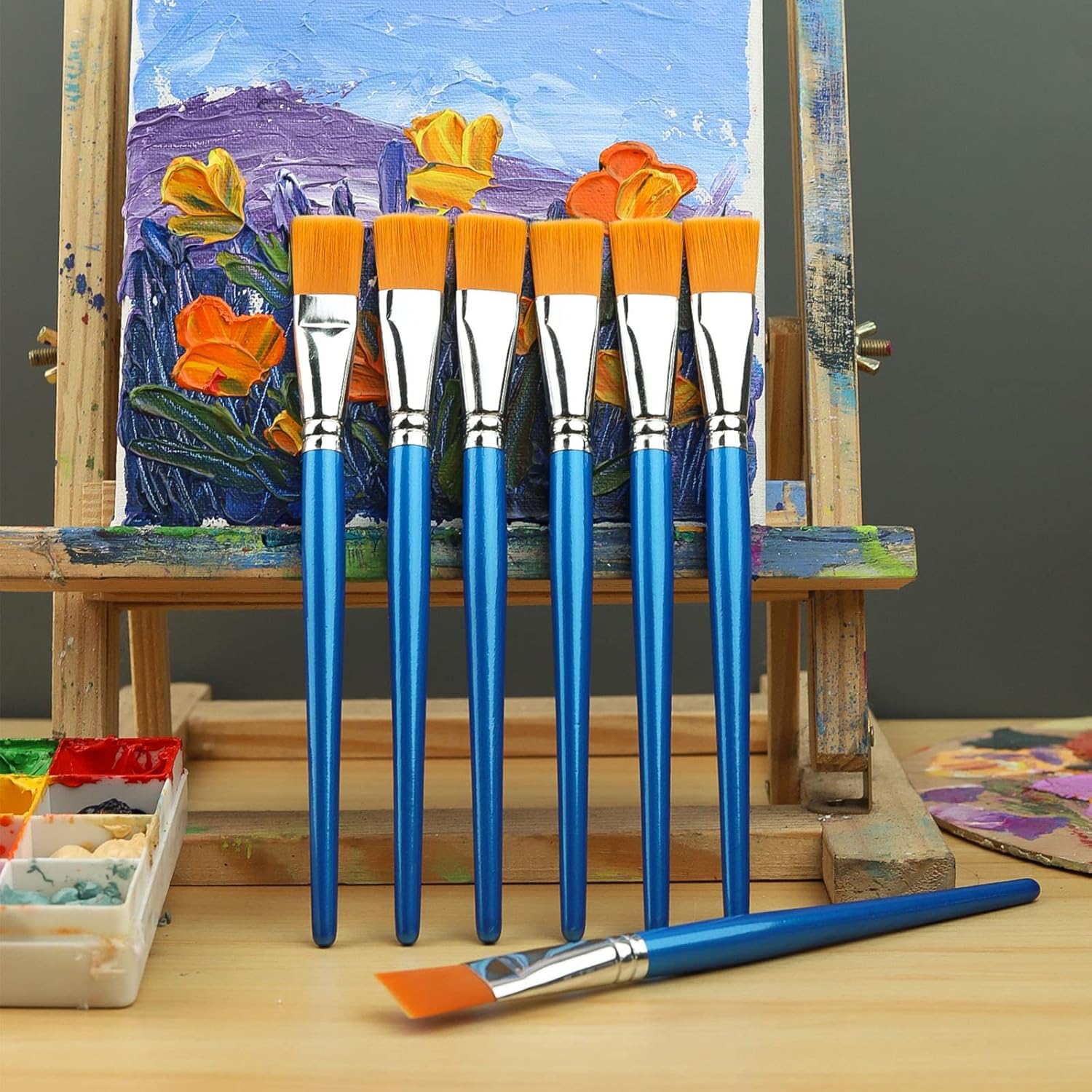 1 inch Flat Paint Brushes for Acrylic Painting,12 Pieces Large Synthetic Paint Brushes Bulk with Wooden Handle for