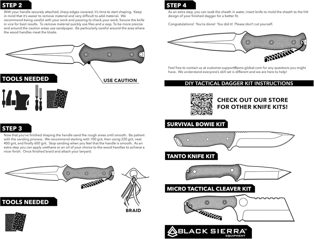 Black Sierra DIY Tactical Dual Edge Knife Making Kit, Build Your Own Fixed Stainless Steel Blade with Leather Sheath
