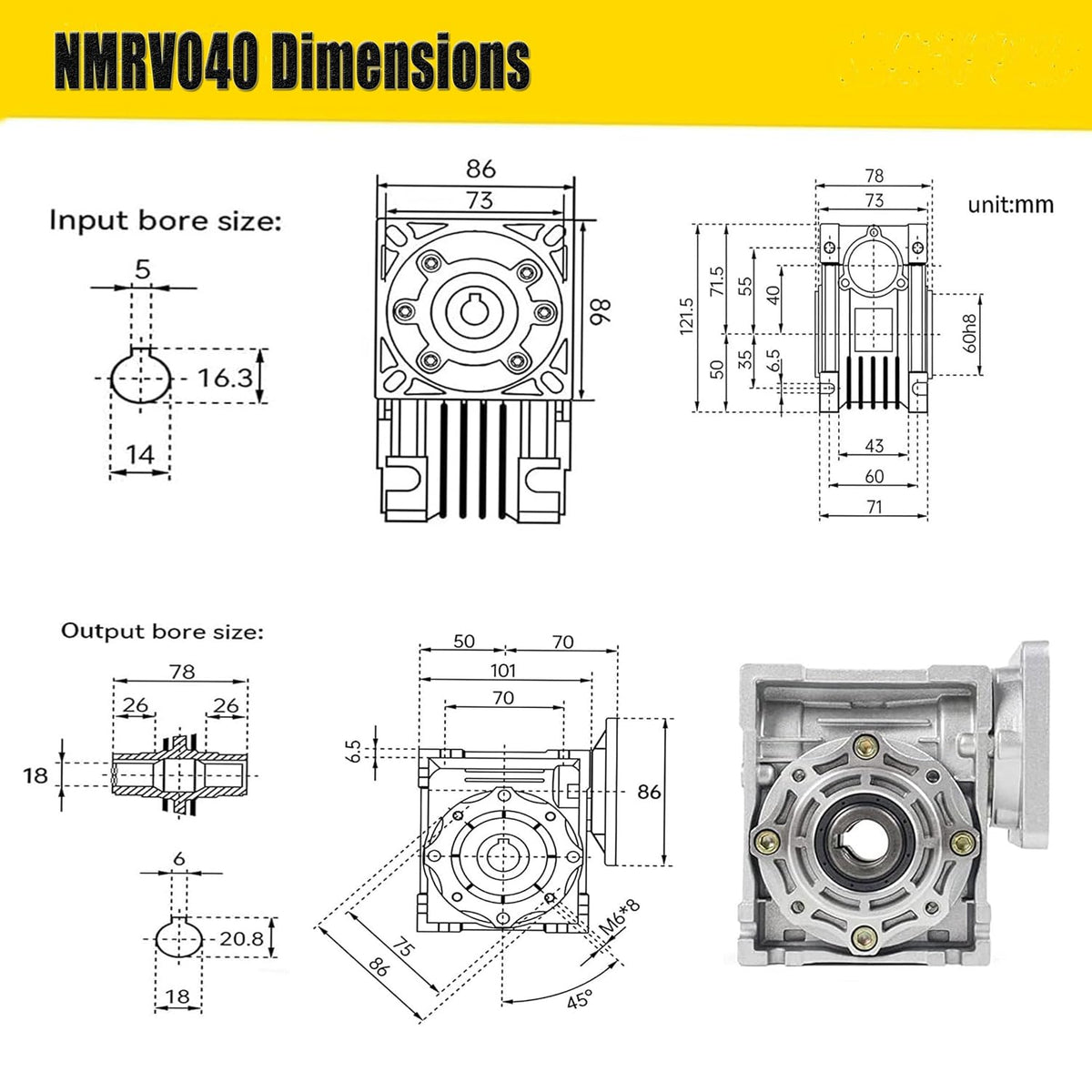 NMRV040 Worm Gear Gearbox, 25:1