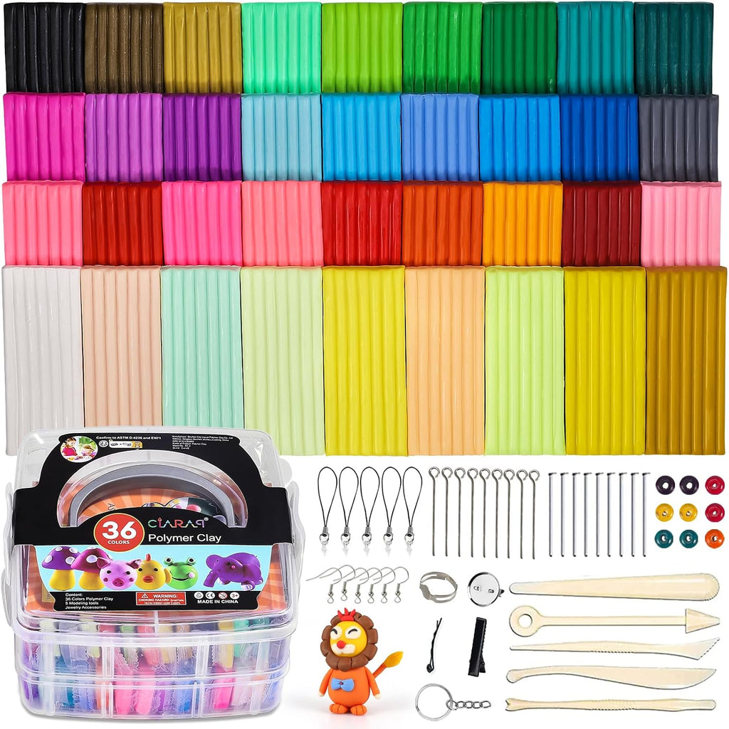 36-Color Polymer Clay Oven Bake Modeling Kit | 5 sculpting tools, 2-layer storage box, acc. pack, guide. Great for