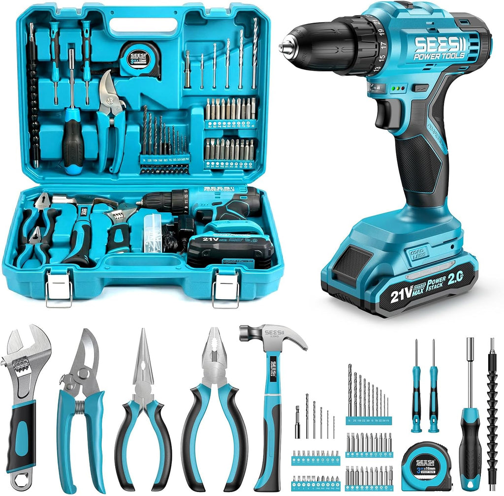 21V Cordless Drill Tool Kit - 190Pcs Power Tool Combo Set, Hand Tool Kit with Toolbox, Electric Drill Driver for Home
