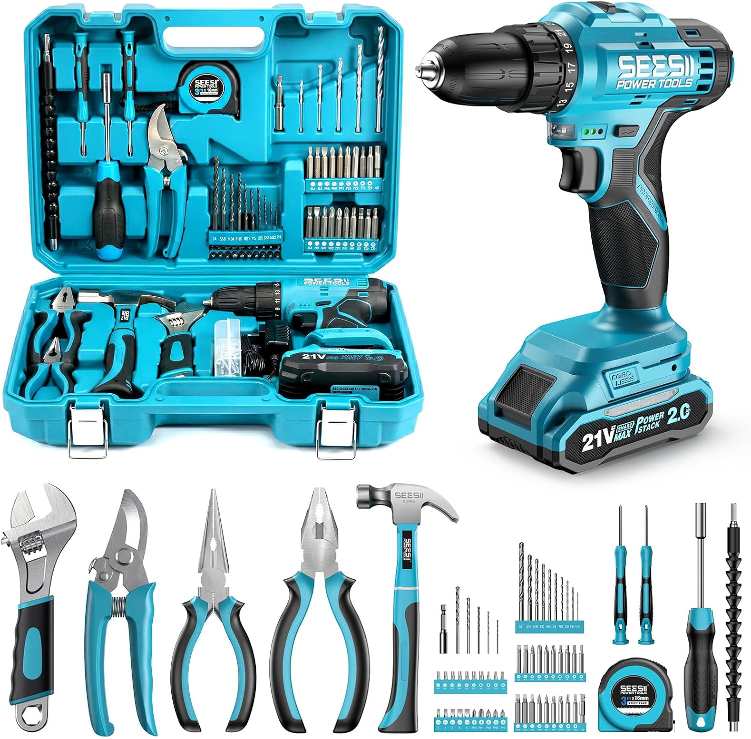 21V Cordless Drill Tool Kit - 190Pcs Power Tool Combo Set, Hand Tool Kit with Toolbox, Electric Drill Driver for Home