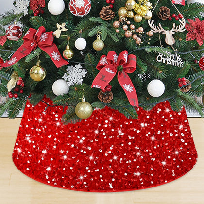 Red Christmas Tree Collar Glittery Xmas Tree Rings Sequins Christmas Tree Base 24 Inch Velvet Xmas Tree Skirt