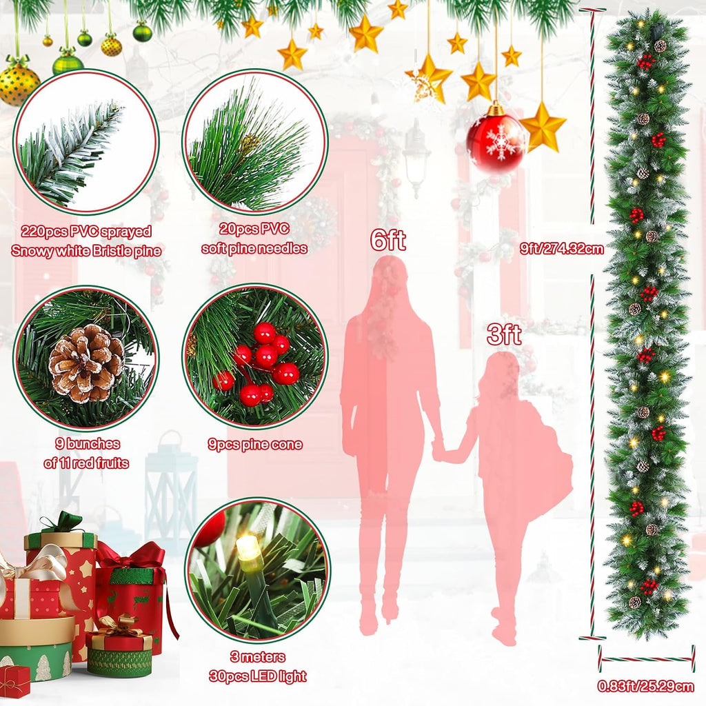 Christmas Garland with Lights - 9FT Pre-Lit Flocked Garland with 30 LED Bulbs, Red Berries, Pine Cones, Artificial