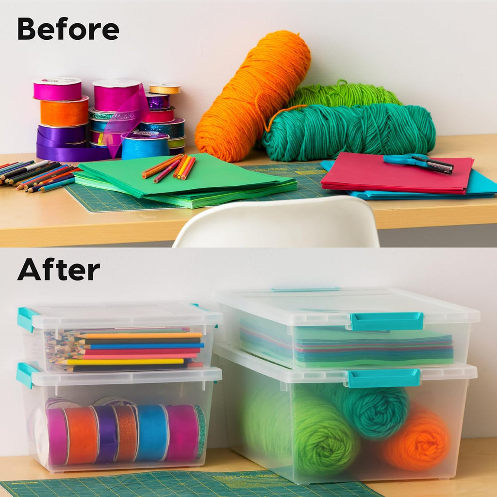 6 Qt. Craft Storage Bins with Lids, 4-Pack, |Made in USA|, Clip Box, Small Plastic Sensory Bin Tote Organizer