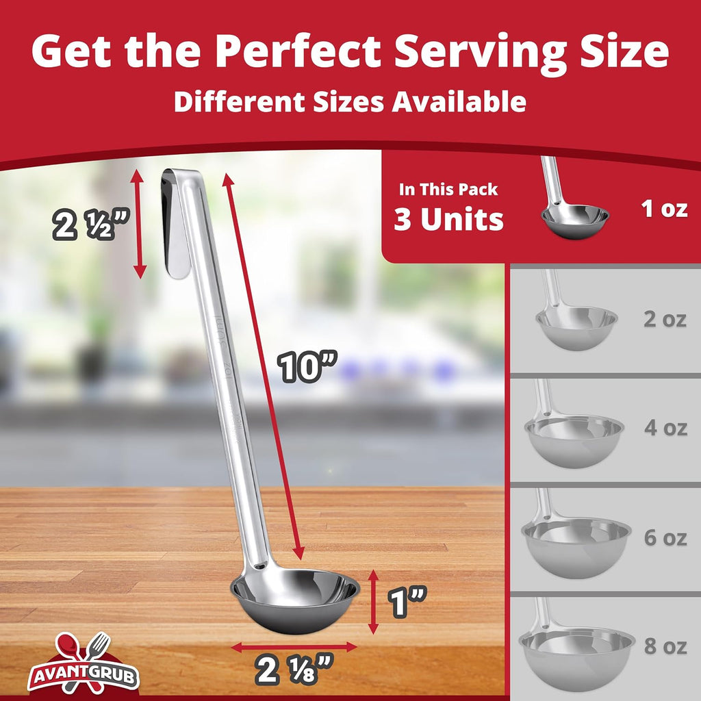 Super Sturdy, Ergonomic 1 Oz. Soup Ladle 3 Pk. Stainless Steel Ladles with Long Handles. Best Kitchen Accessories for