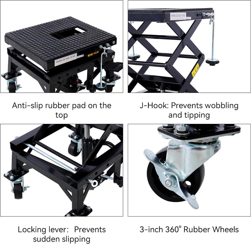 Hydraulic Motorcycle Lift Table, 300 lbs Capacity Motorcycle Scissor Jack Lift with Non-Slip Wide Deck J-Hooks 4