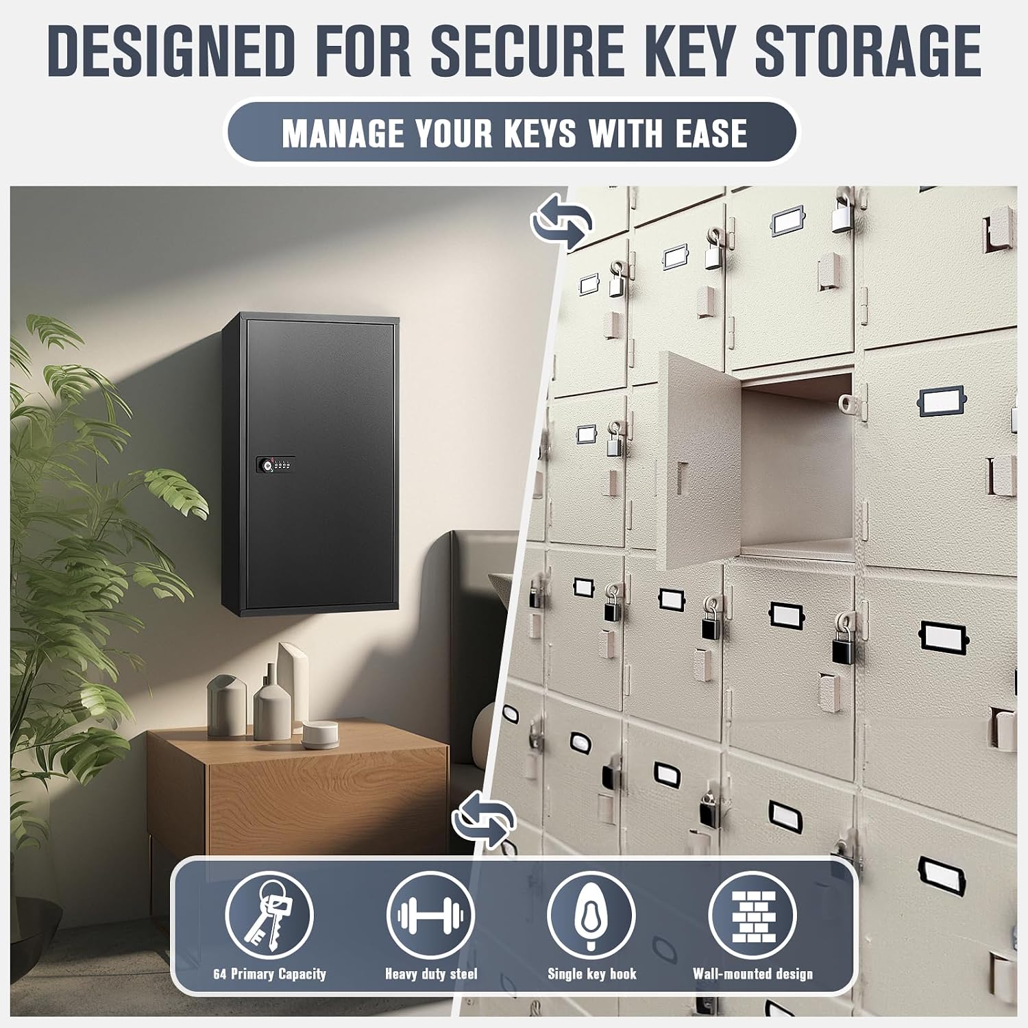 Key Cabinets, Key Organizer Box(64 Keys),Key Cabinet Wall Mount, Key Lock Box Wall Mount for Hotels Offices Property