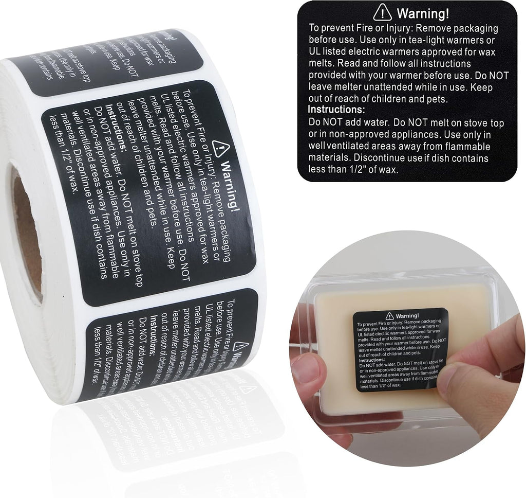 600pcs Black Wax Melt Warning Labels,Wax Melt Warning Stickers for Clamshell, 1.8 x 1.5 inches.