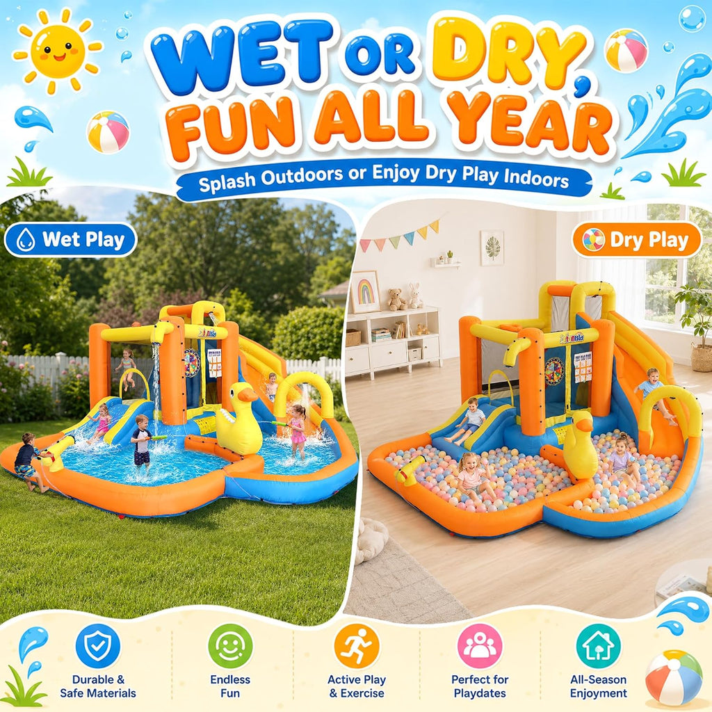 Inflatable Water Park for Kids 3-10yr, Water Slide Bounce House W/Blower | Large Water Bounce House with 2 Slide, 2