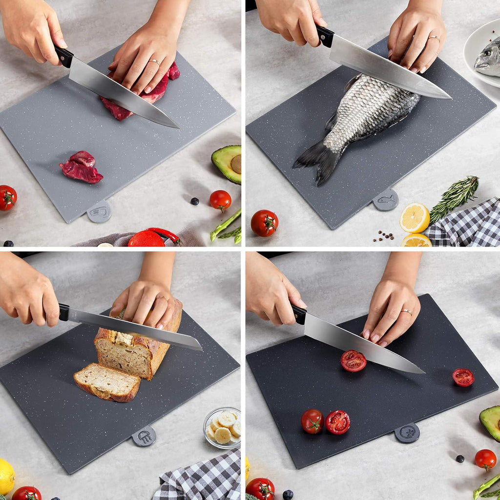 Index Chopping Board Set, 4-Pieces Plastic Cutting Boards with Food Icons and Storage Stand, BPA Free, Dishwasher